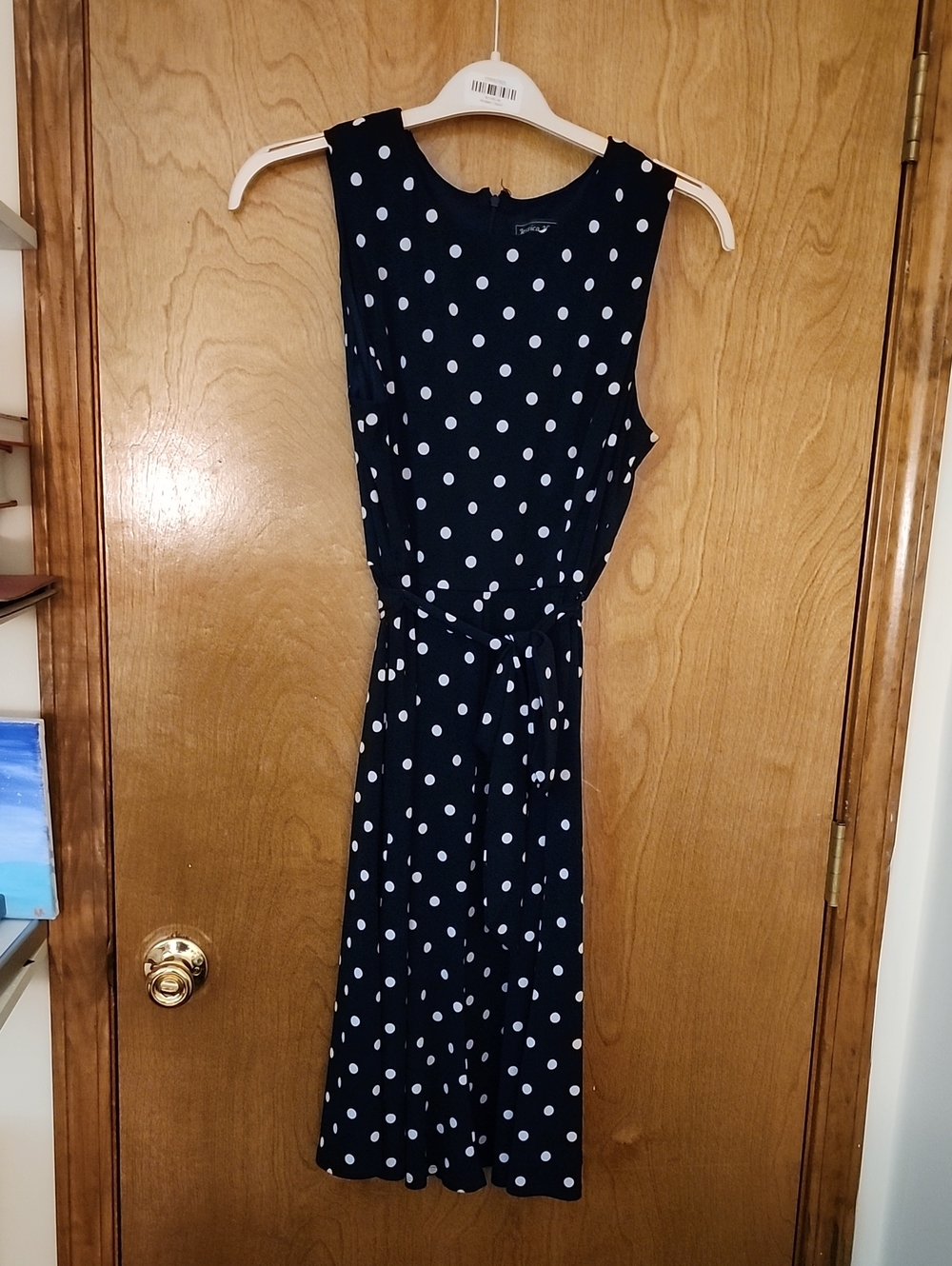 Jessica Howard Navy Polka Dot Sleeveless Midi Dress with Waist Tie